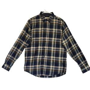Waterproof Vintage Men's Blue & Brown Plaid Flannel Shirt Long Sleeve, Size M
